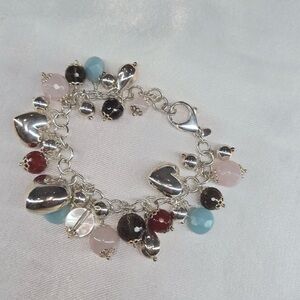 Silver Heart Charm Bracelet with Pink, Blue and Red Beads